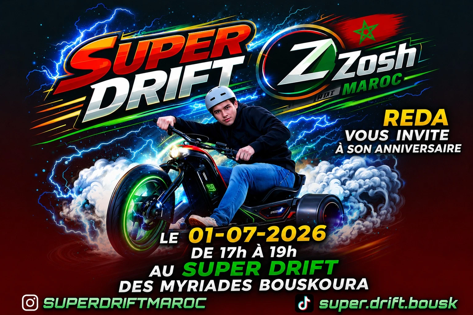 Tricycle électrique Super Drift accélérant sur la ligne droite du circuit